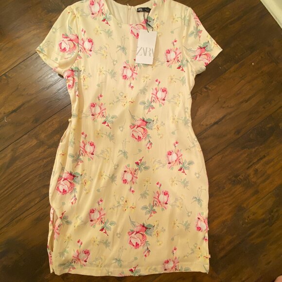 ZARA Floral Satin Short Sleeve Dress – Size M NWT - Picture 1 of 10